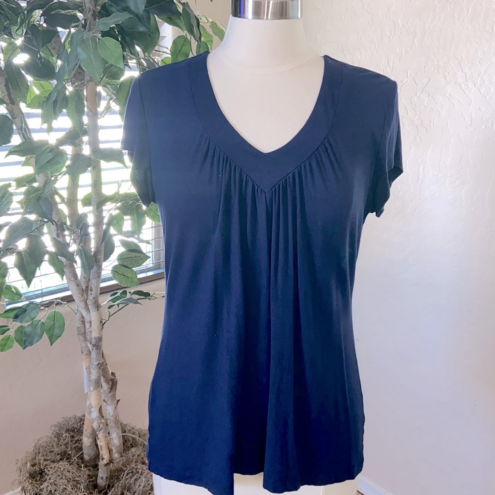 👚Chico’s Pleated V-Neck Short Sleeve Knit Top ~ Navy Blue